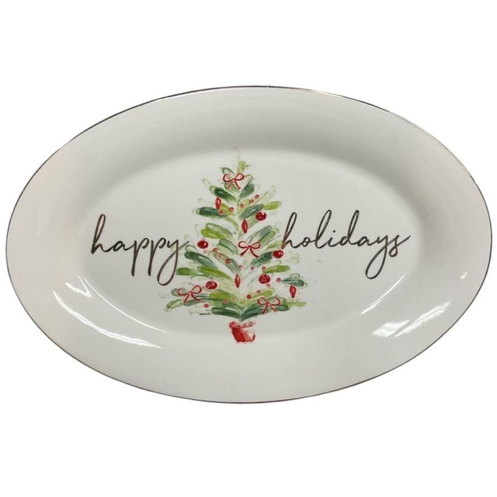 American Atelier Mistletoe Memories Collection White Oval Platter 14" Christmas